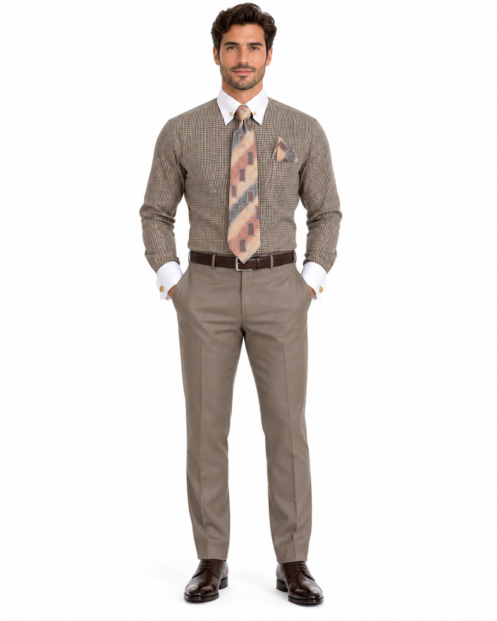 Beige Pin Collar Dress Shirt With Collar Bar