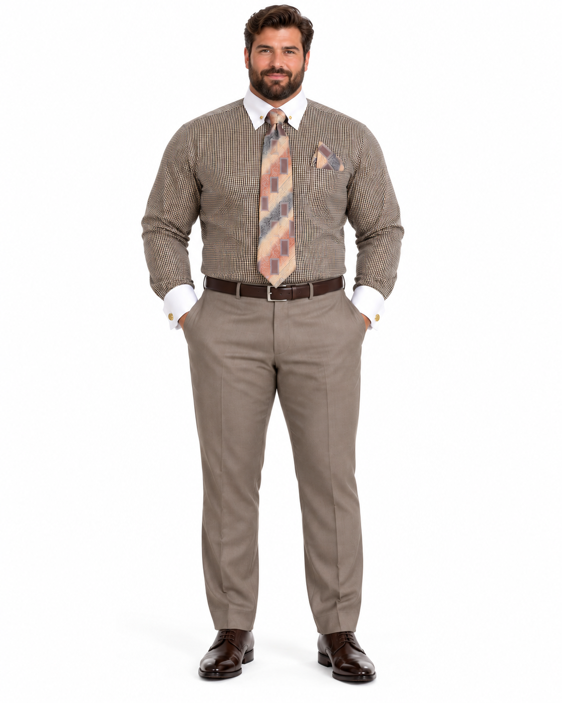 Beige Pin Collar Dress Shirt With Collar Bar