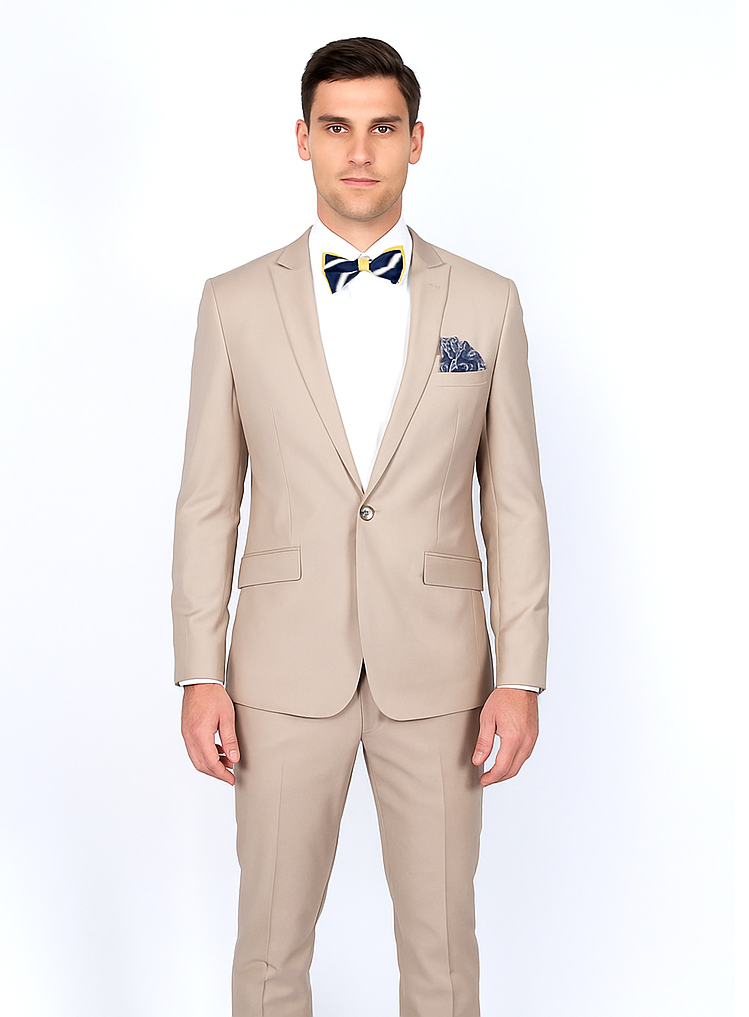Beige Slim Fit Suit for Men by Rossiman Rossi | Tailored Skinny Fit Formal Suit – Italian 3-Piece Luxury Design