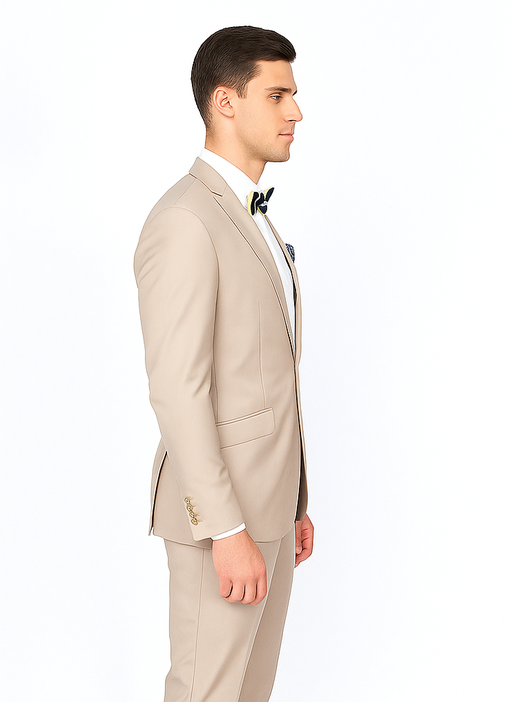 Beige Slim Fit Suit for Men by Rossiman Rossi | Tailored Skinny Fit Formal Suit – Italian 3-Piece Luxury Design
