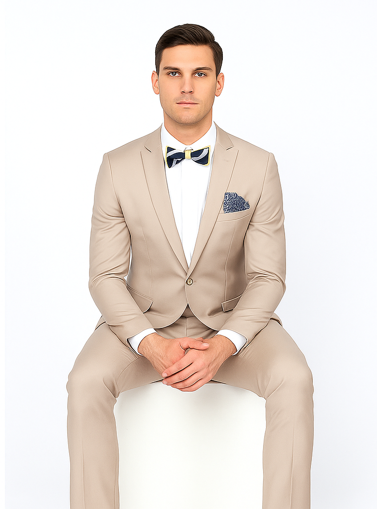 Beige Slim Fit Suit for Men by Rossiman Rossi | Tailored Skinny Fit Formal Suit – Italian 3-Piece Luxury Design