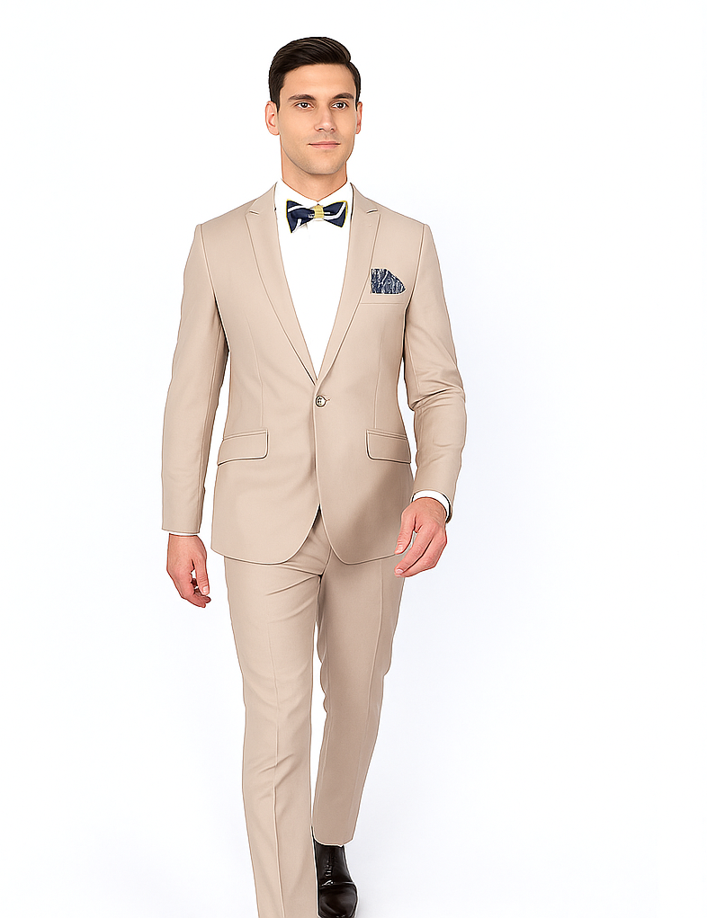 Beige Slim Fit Suit for Men by Rossiman Rossi | Tailored Skinny Fit Formal Suit – Italian 3-Piece Luxury Design