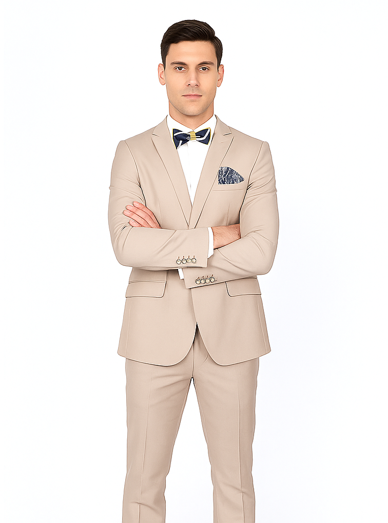 Beige Slim Fit Suit for Men by Rossiman Rossi | Tailored Skinny Fit Formal Suit – Italian 3-Piece Luxury Design