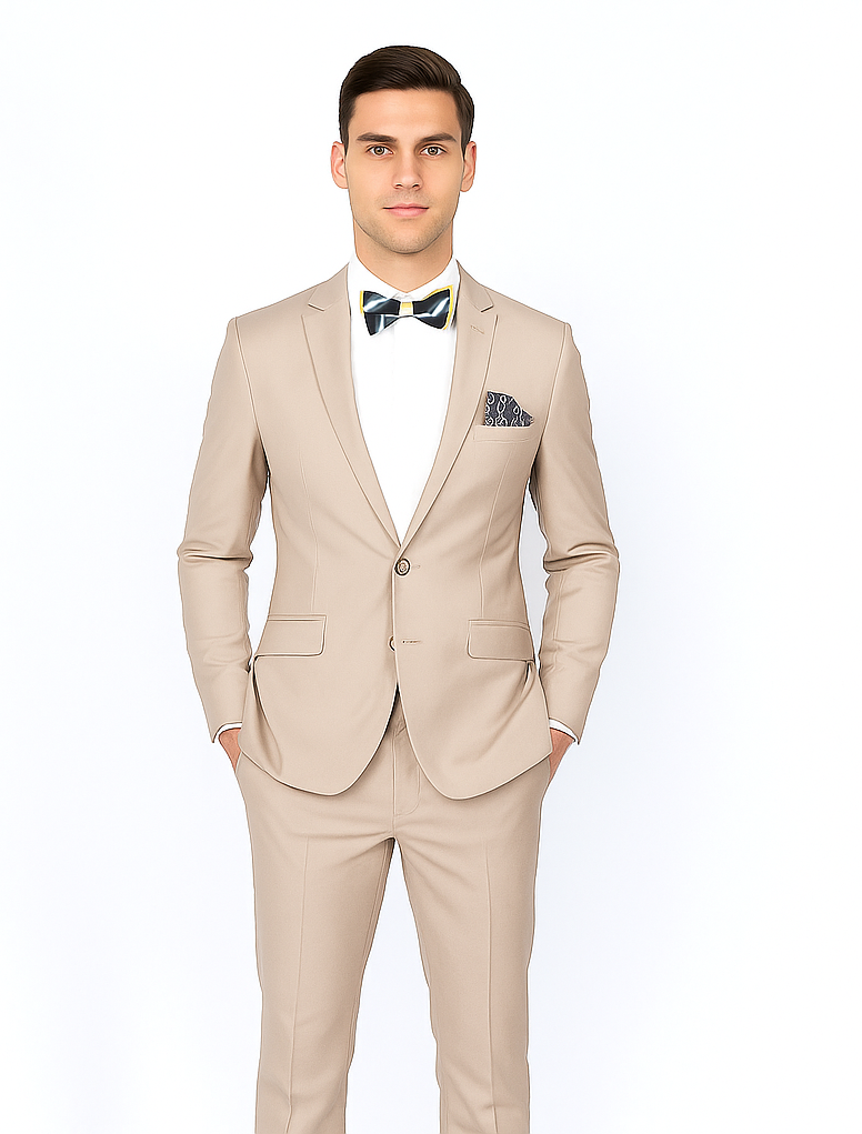 Beige Slim Fit Suit for Men by Rossiman Rossi | Tailored Skinny Fit Formal Suit – Italian 3-Piece Luxury Design