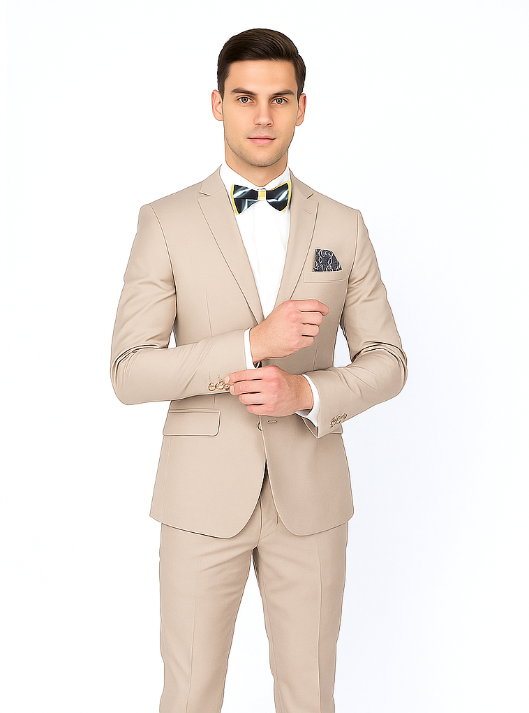 Beige Slim Fit Suit for Men by Rossiman Rossi | Tailored Skinny Fit Formal Suit – Italian 3-Piece Luxury Design