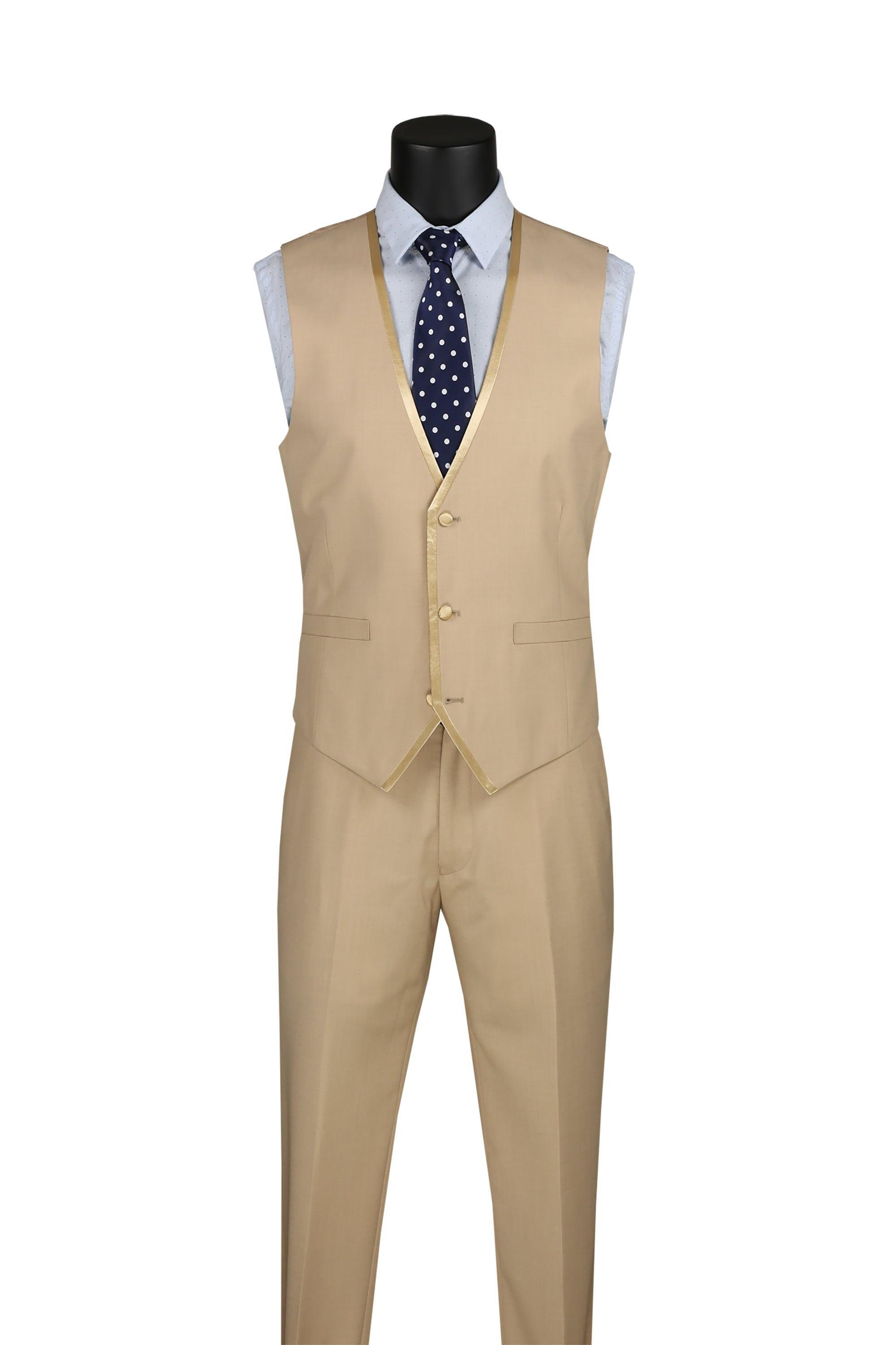Beige Trimmed Lapel Slim Fit Suit - 3 Piece