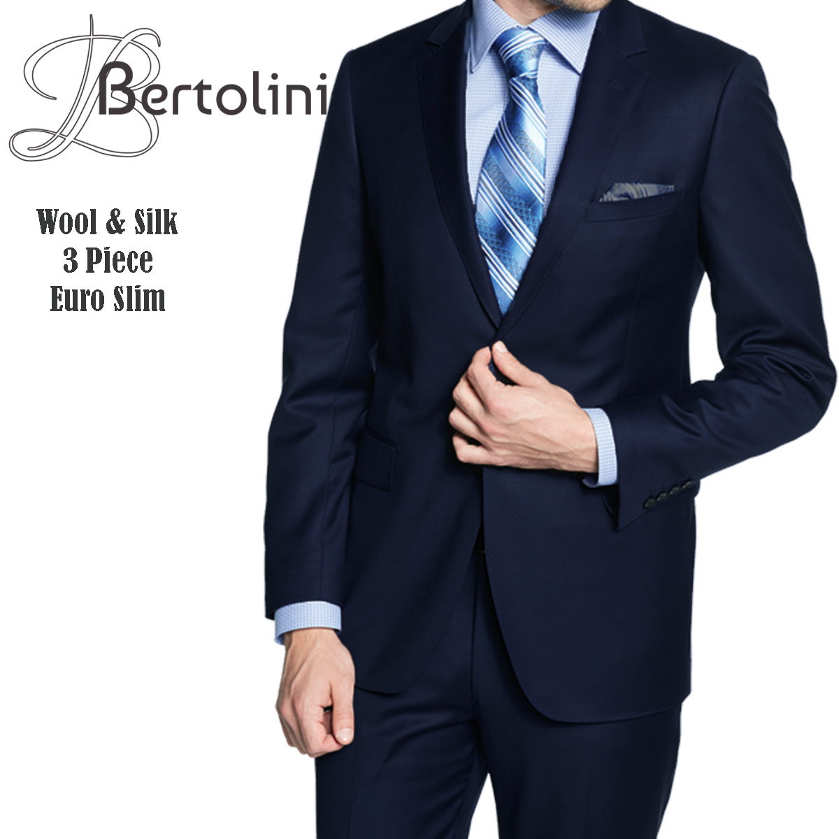 Bertolini 3 Piece Wool/Silk Solid Navy Suit