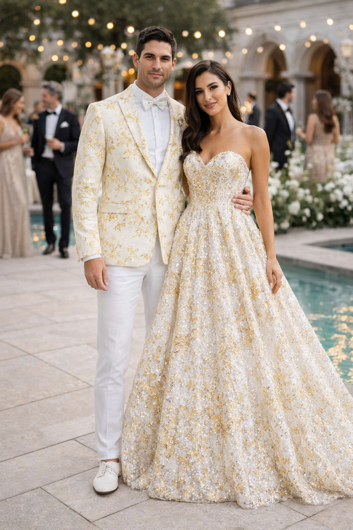 Big And Tall Suit For Men - Jacket + Pants + Bowtie + Pants - Off-White and Gold Suit