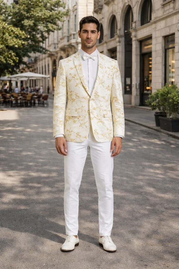Big And Tall Suit For Men - Jacket + Pants + Bowtie + Pants - Off-White and Gold Suit