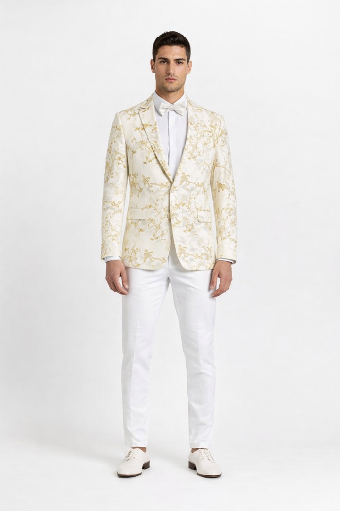 Big And Tall Suit For Men - Jacket + Pants + Bowtie + Pants - Off-White and Gold Suit