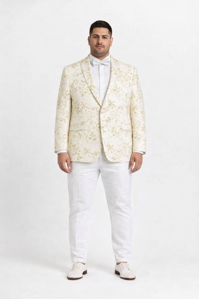 Big And Tall Suit For Men - Jacket + Pants + Bowtie + Pants - Off-White and Gold Suit
