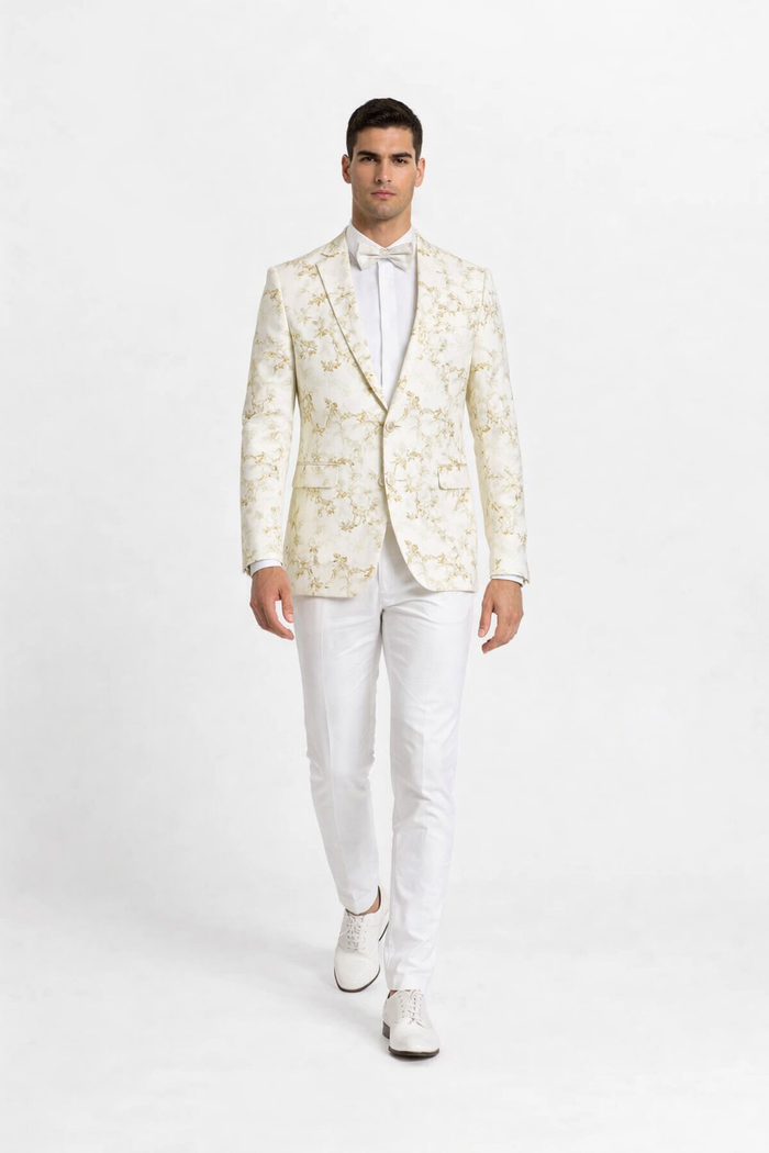 Big And Tall Suit For Men - Jacket + Pants + Bowtie + Pants - Off-White and Gold Suit