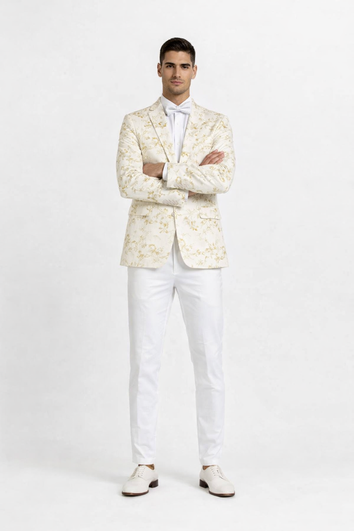 Big And Tall Suit For Men - Jacket + Pants + Bowtie + Pants - Off-White and Gold Suit