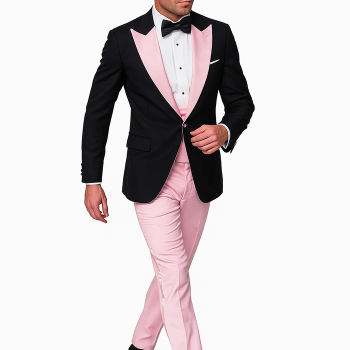 Tuxedo-Inspired Wool Suit with Pink Highlights