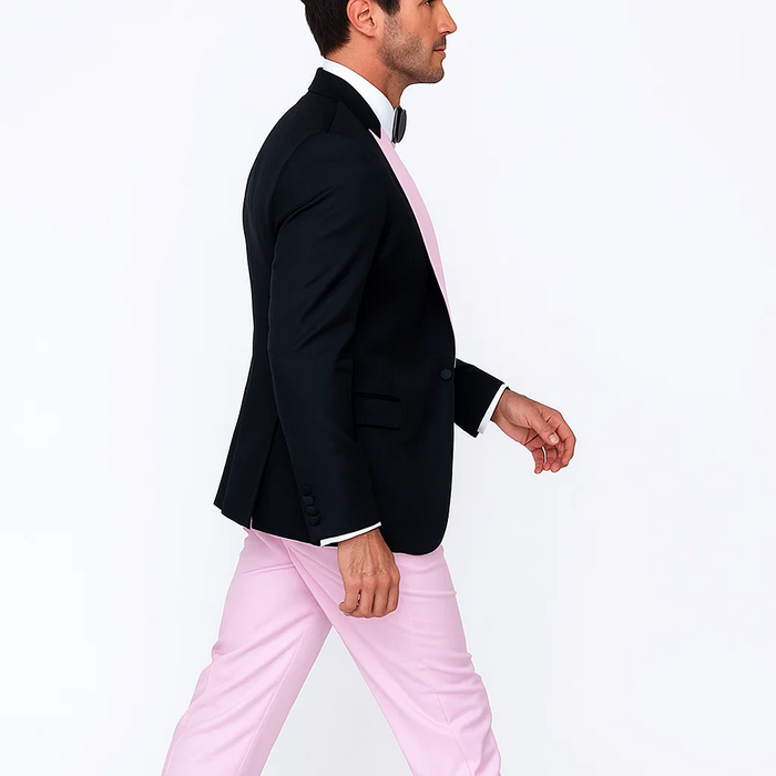 Tuxedo-Inspired Wool Suit with Pink Highlights