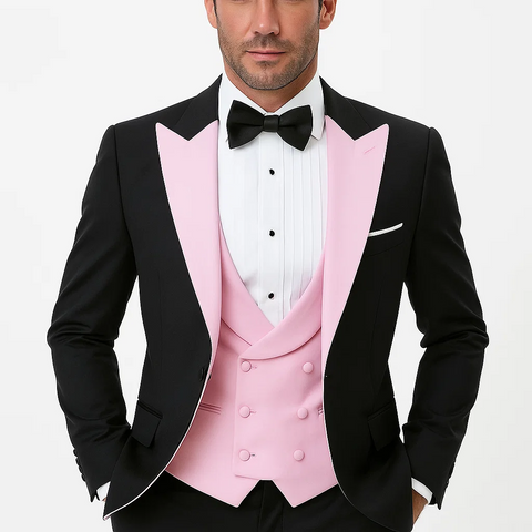 Tuxedo-Inspired Wool Suit with Pink Highlights