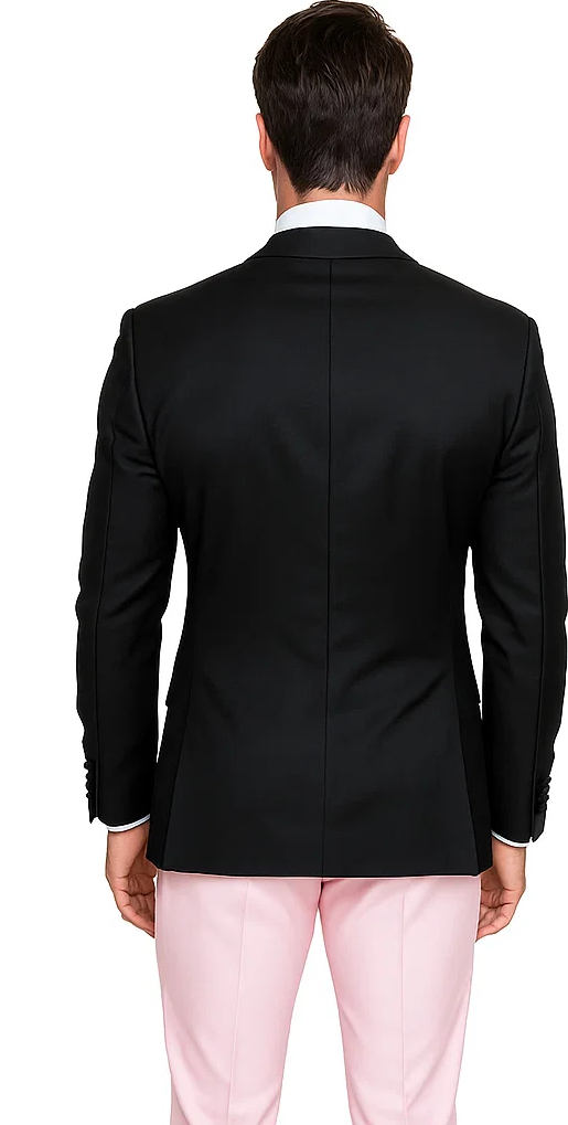 Tuxedo-Inspired Wool Suit with Pink Highlights