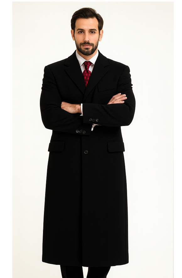Black Cashmere Chesterfield Overcoat – 1920s Full Length Topcoat Velvet Collar