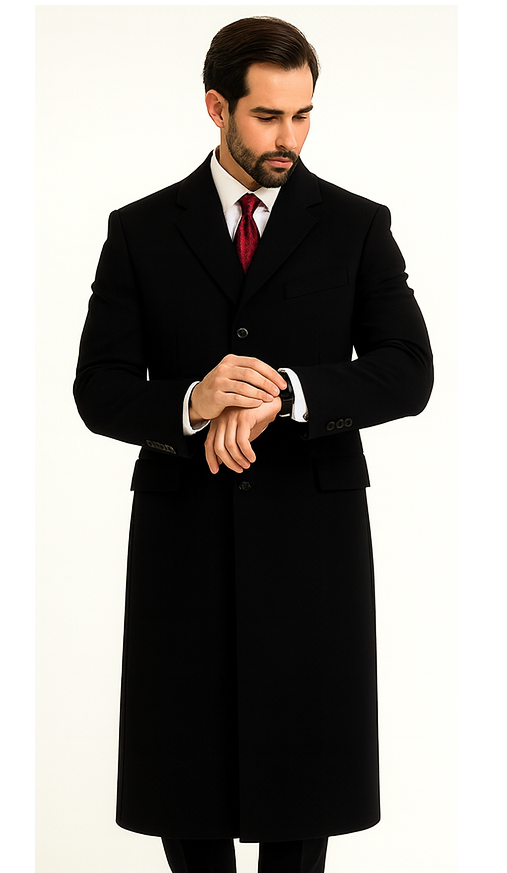 Black Cashmere Chesterfield Overcoat – 1920s Full Length Topcoat Velvet Collar