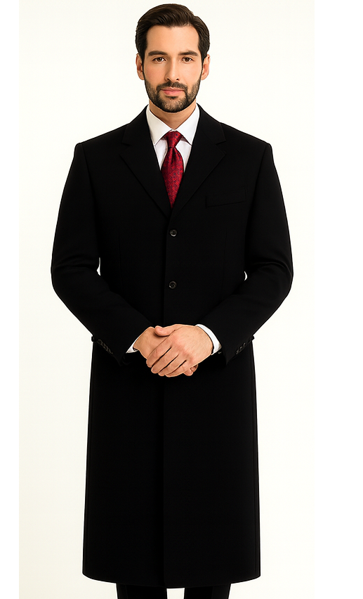 Black Cashmere Chesterfield Overcoat – 1920s Full Length Topcoat Velvet Collar