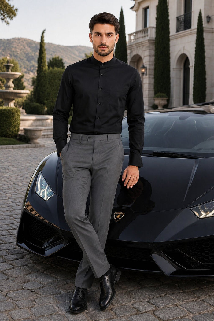 Solid Banded French Cuff Dress Mandarin Collarless Preacher Round Style Black Men's Dress Shirt