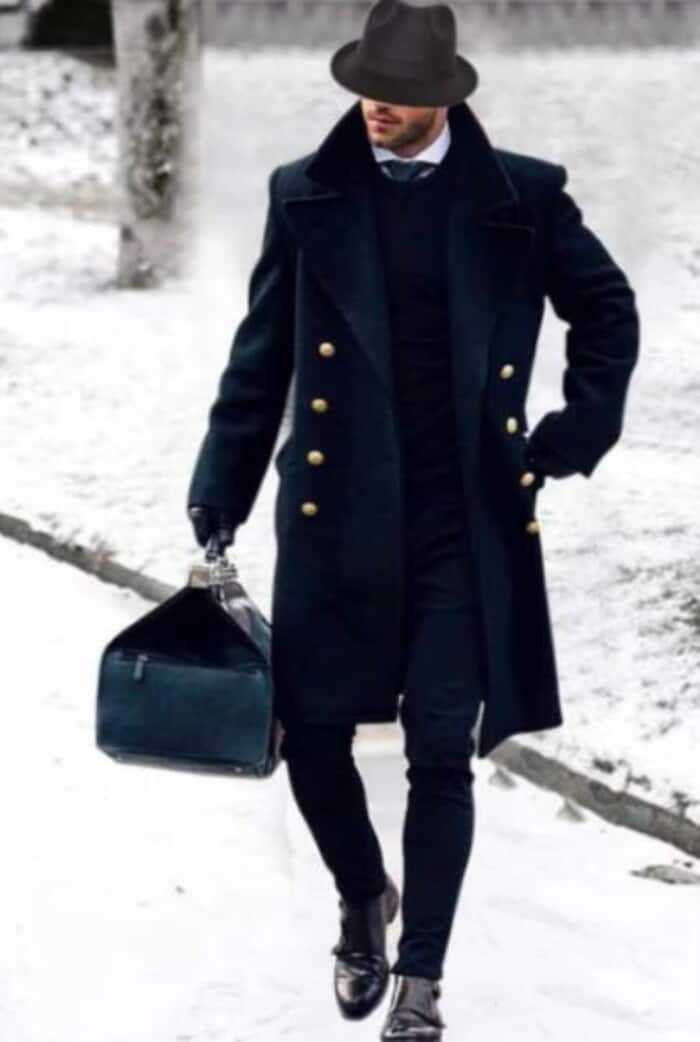 Black Double Breasted Wool Overcoat with Gold Buttons