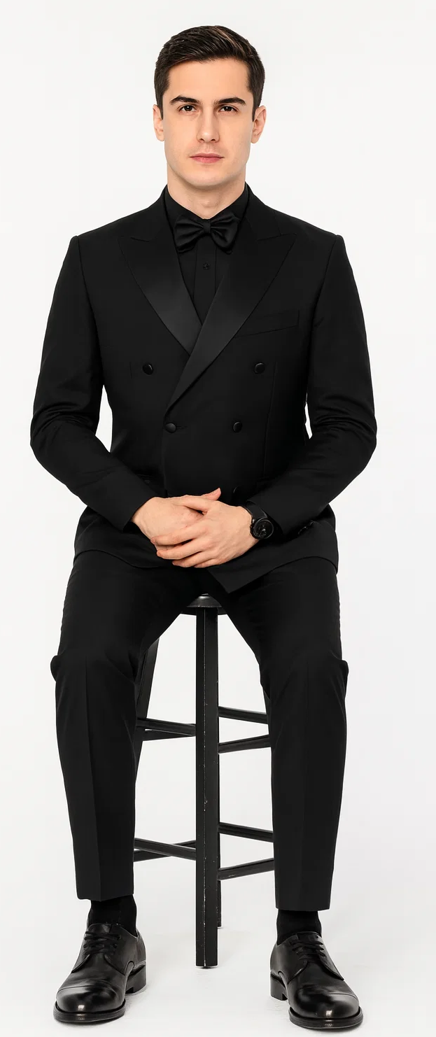 Black Double Breasted Slim Fit Tuxedo Peak Lapel - Wedding - Prom