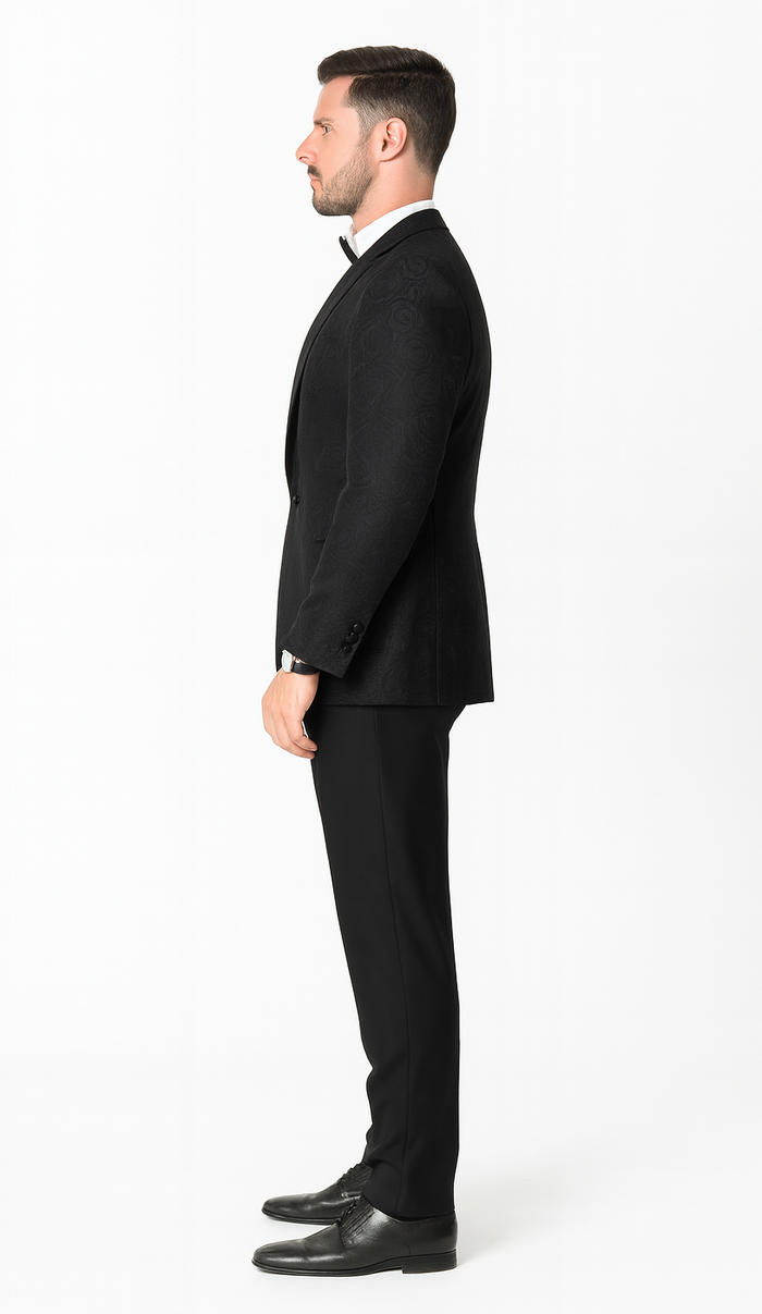 Black Floral Tuxedo Jacket with Shawl Lapel – Wedding & Prom
