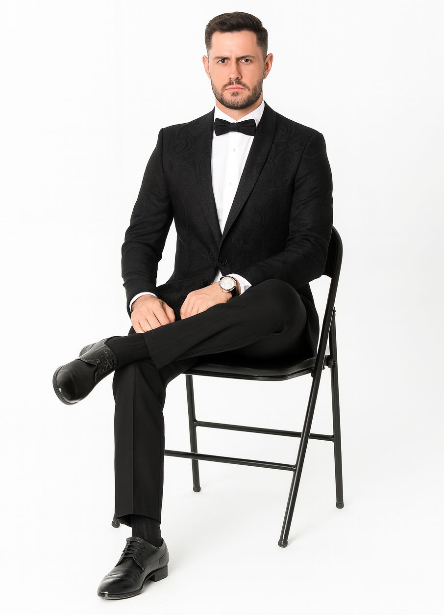 Black Floral Tuxedo Jacket with Shawl Lapel – Wedding & Prom