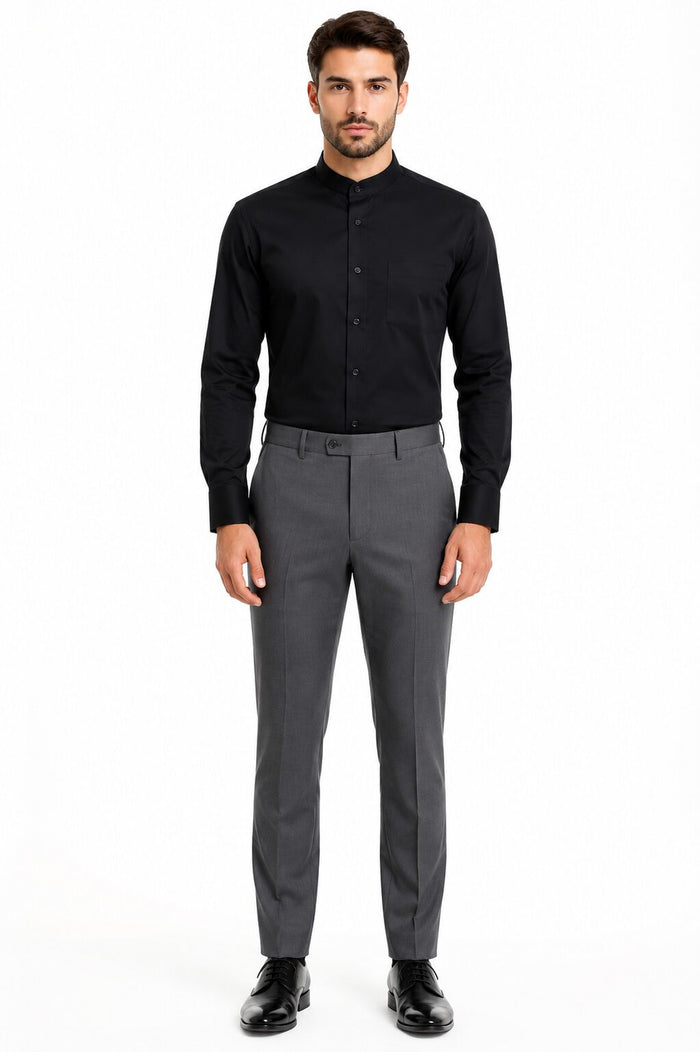 Solid Banded French Cuff Dress Mandarin Collarless Preacher Round Style Black Men's Dress Shirt