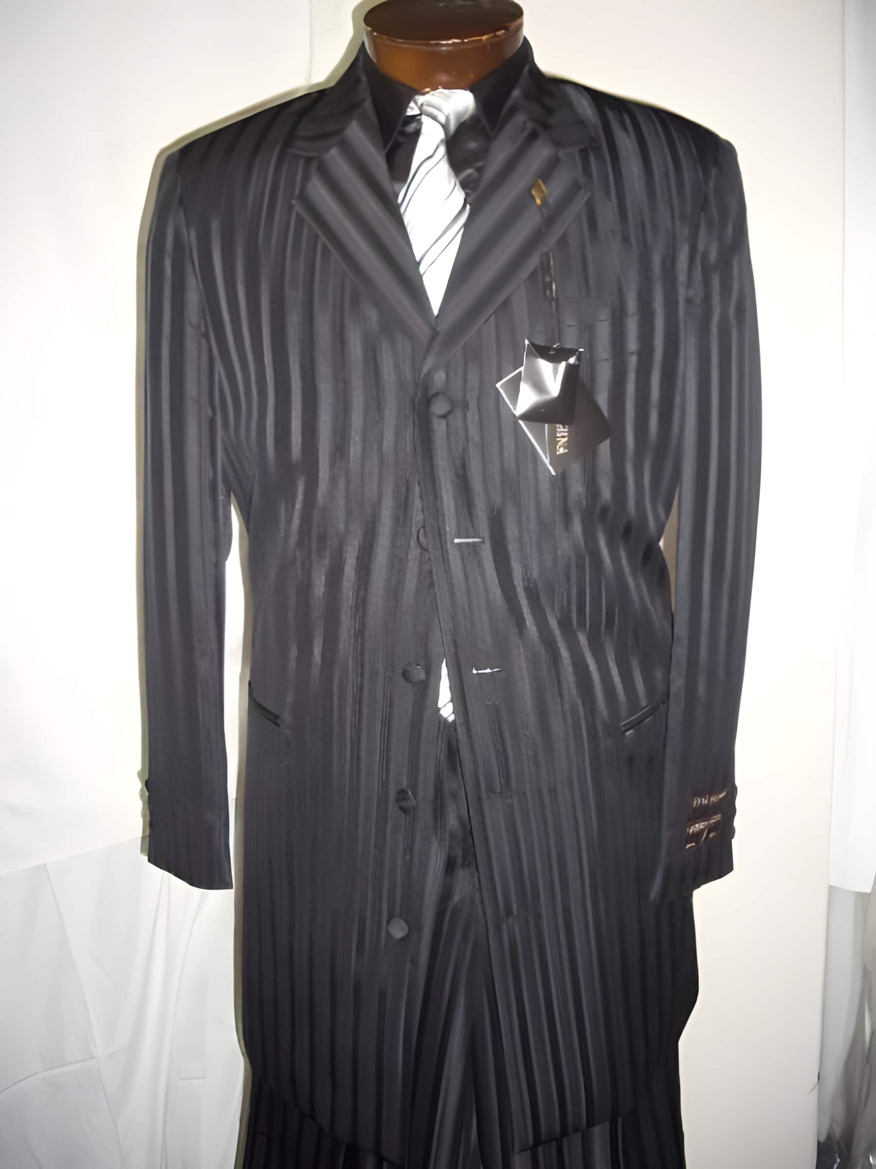 Black On Black Gangster Tone On Tone Shadow Pinstripe Fashion Long Zoot Suit - Wool