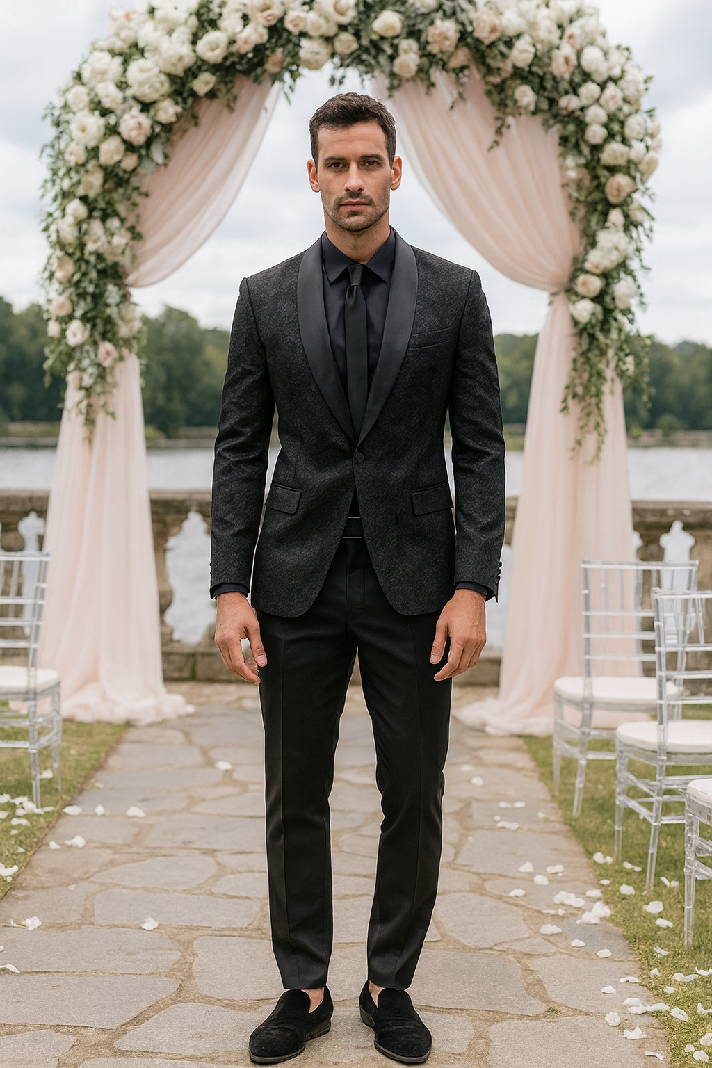 Black Tuxedo Jacket Paisley Pattern Slim Fit - Wedding - Prom