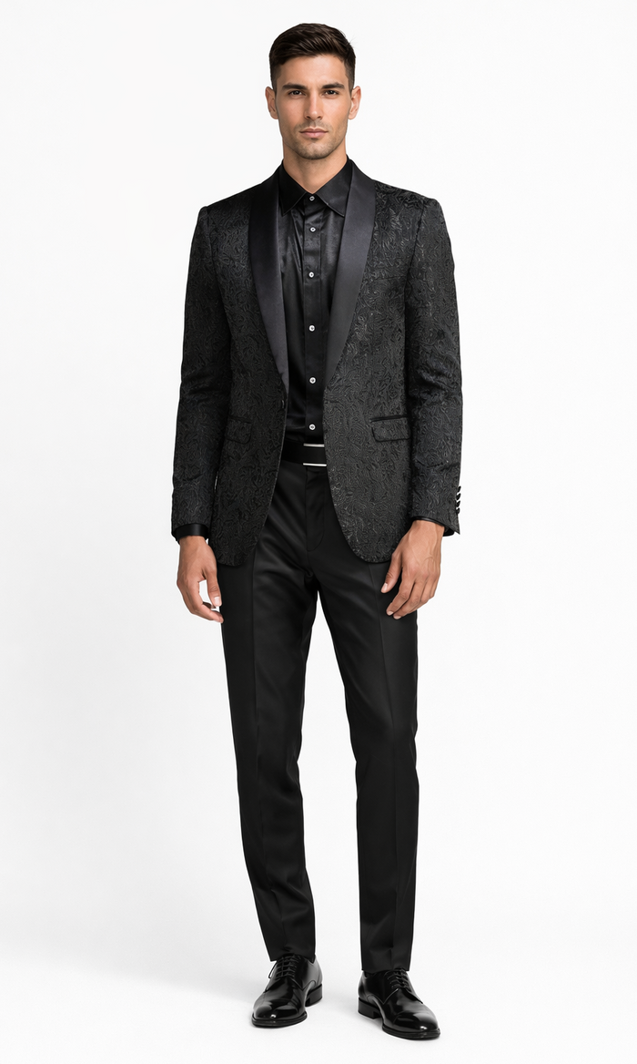 Black Tuxedo Jacket Paisley Pattern Slim Fit - Wedding - Prom