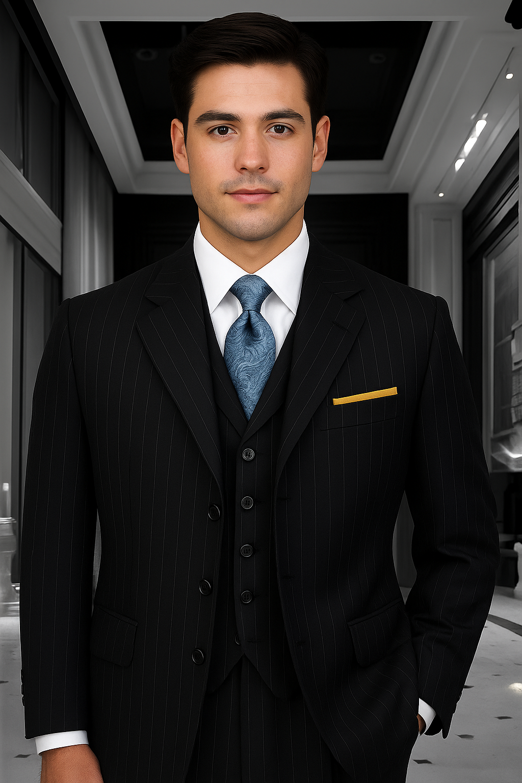 3 Button 3 Piece Suits Vested 100% Wool Suits Vested Black Stripe ~ Pinstripe Pleated Pants