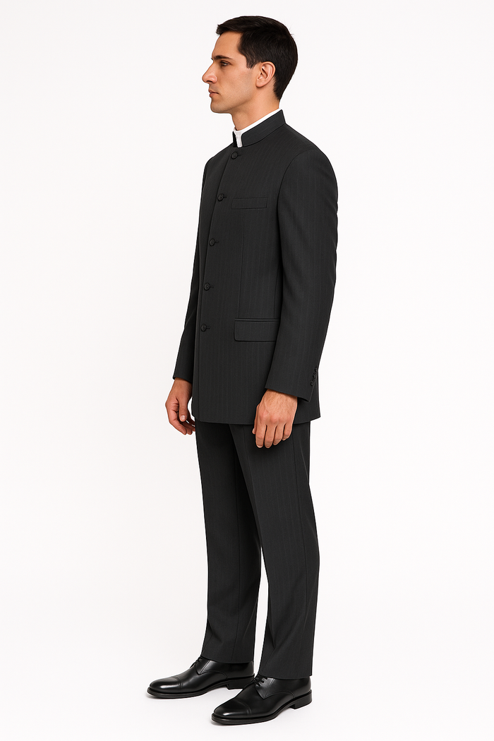Men's Suit Mandarin Collar Black Pinstripe 5 Button Chinese Nehru Banded Collar Style Three Piece Low Priced Fashion Outfits Suits