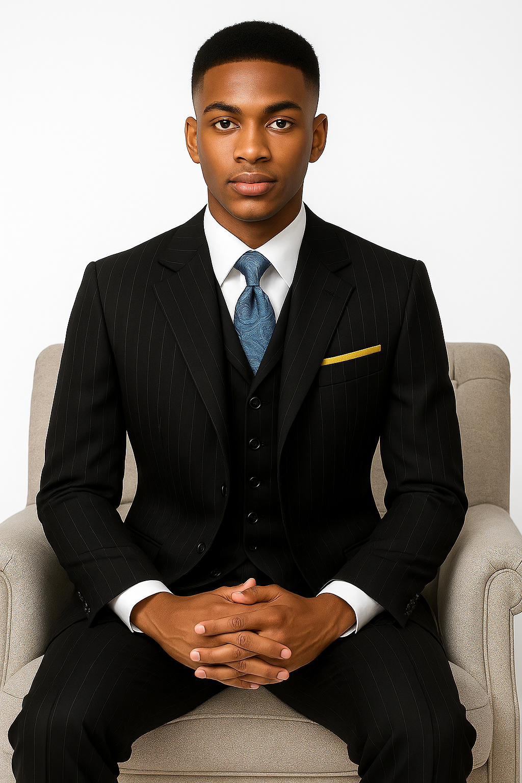 3 Button 3 Piece Suits Vested 100% Wool Suits Vested Black Stripe ~ Pinstripe Pleated Pants