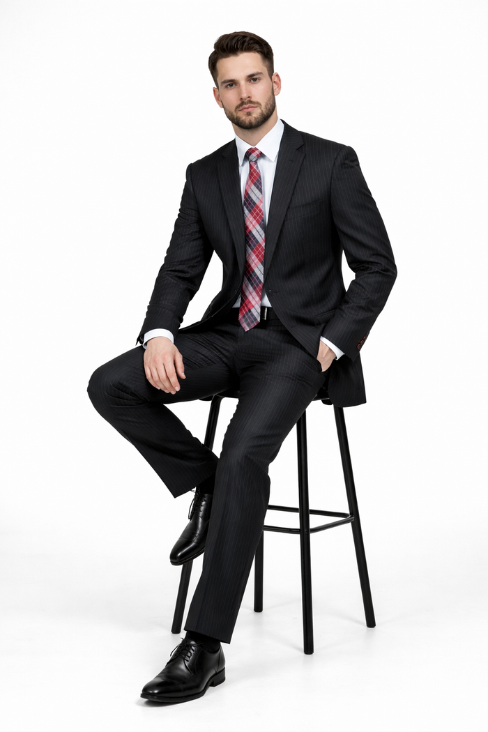 Men's Black Pinstripe 2-button Stripe ~ Flat Front Pants Regular Fit Cheap Priced Business Suits Clearance Sale