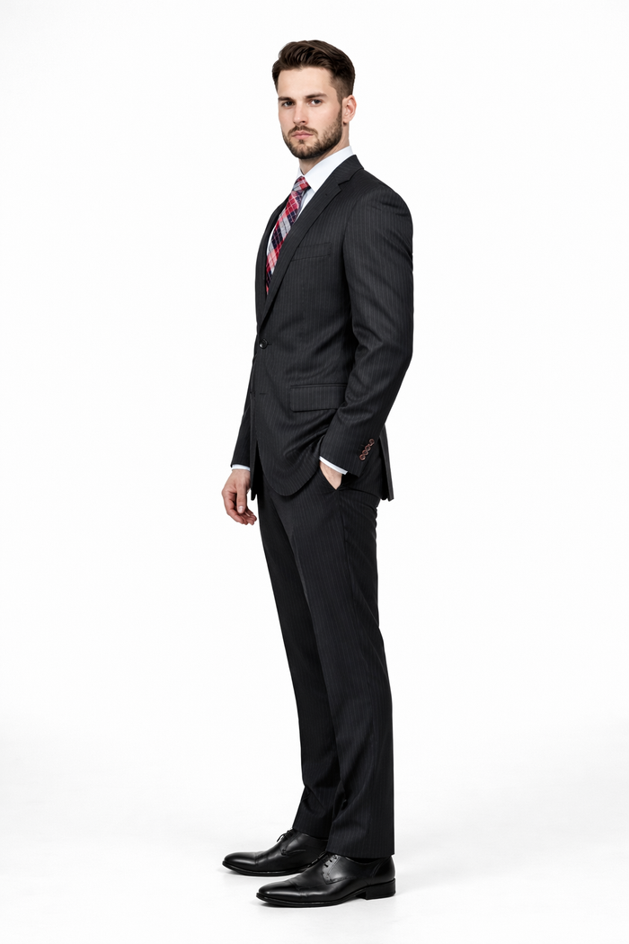 Men's Black Pinstripe 2-button Stripe ~ Flat Front Pants Regular Fit Cheap Priced Business Suits Clearance Sale