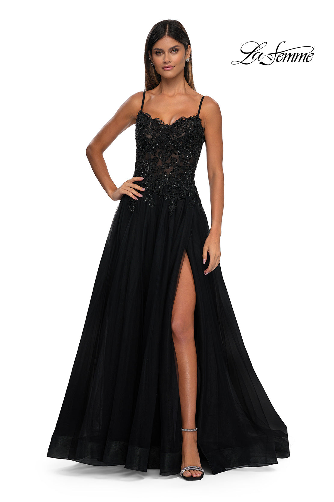 La Femme 32646 Lace Applique Sleeveless Prom Gown