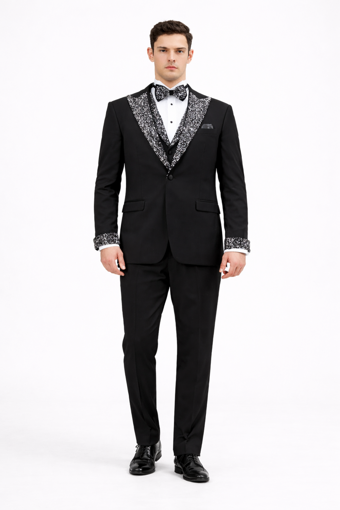 Men’s Black Rhinestone Sequin Lapel Prom Tuxedo – Elegant Party & Wedding Suit