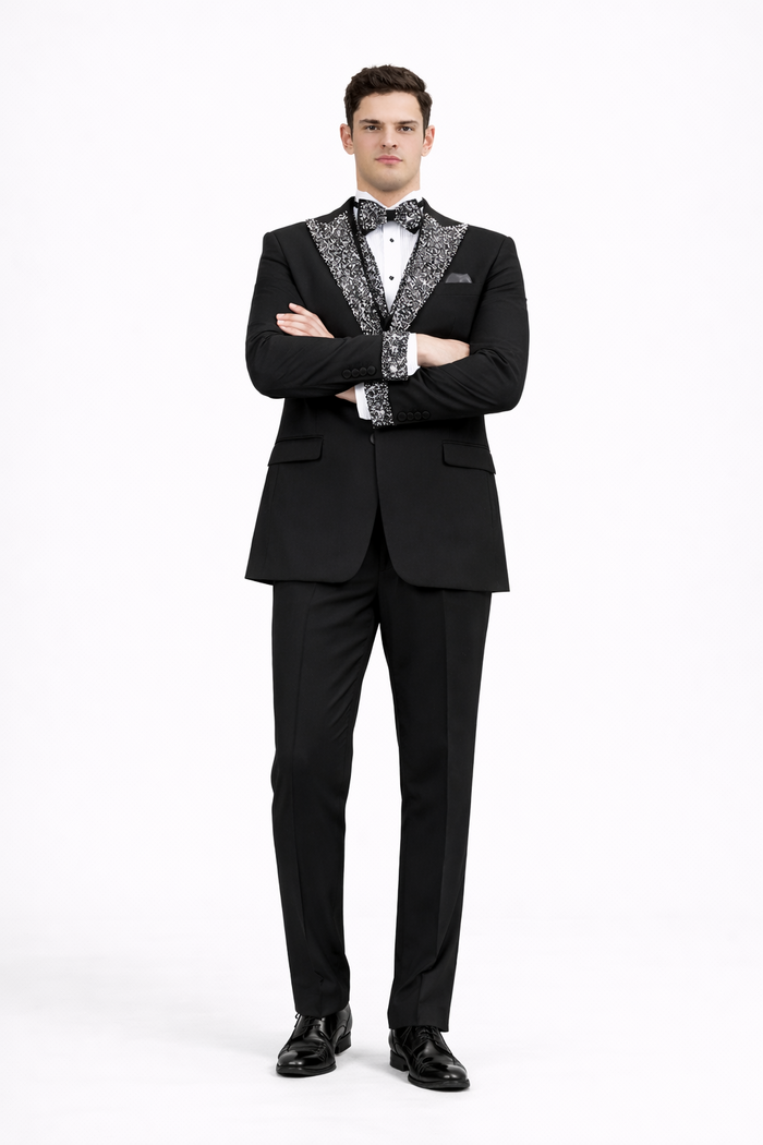 Men’s Black Rhinestone Sequin Lapel Prom Tuxedo – Elegant Party & Wedding Suit