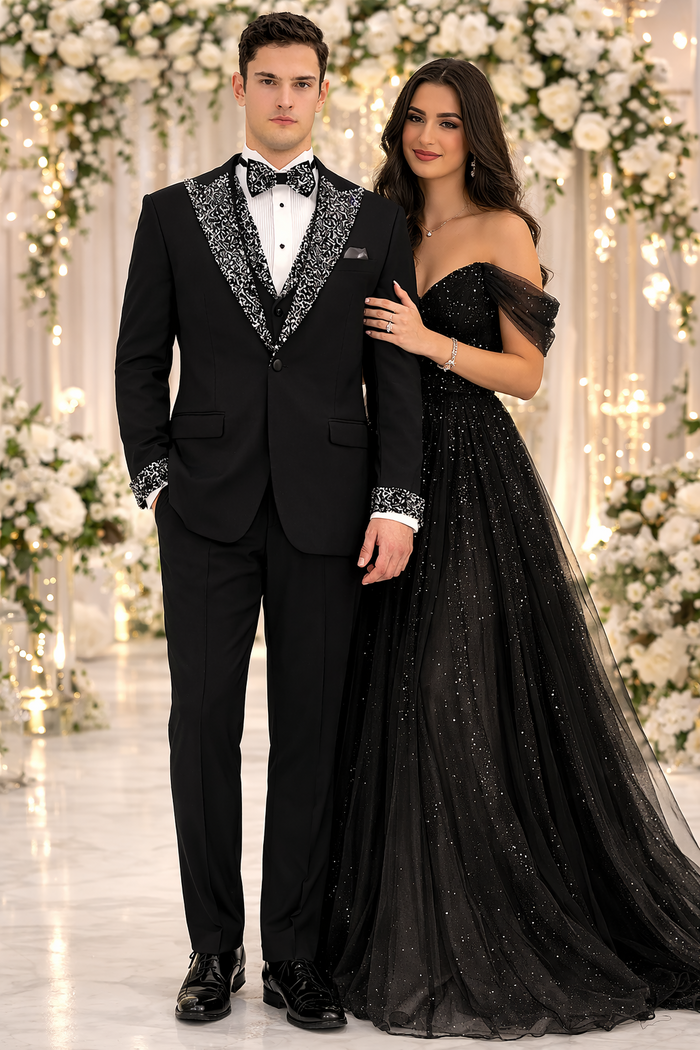 Men’s Black Rhinestone Sequin Lapel Prom Tuxedo – Elegant Party & Wedding Suit