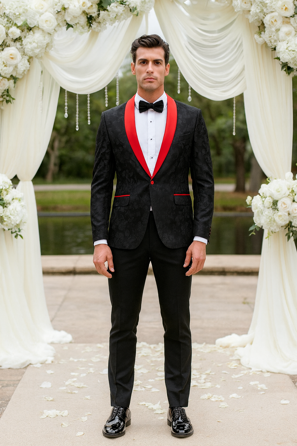 Black and Red Tuxedo Jacket Floral Pattern Slim Fit - Wedding - Prom