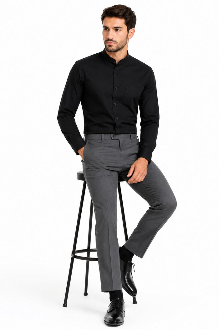 Solid Banded French Cuff Dress Mandarin Collarless Preacher Round Style Black Men's Dress Shirt