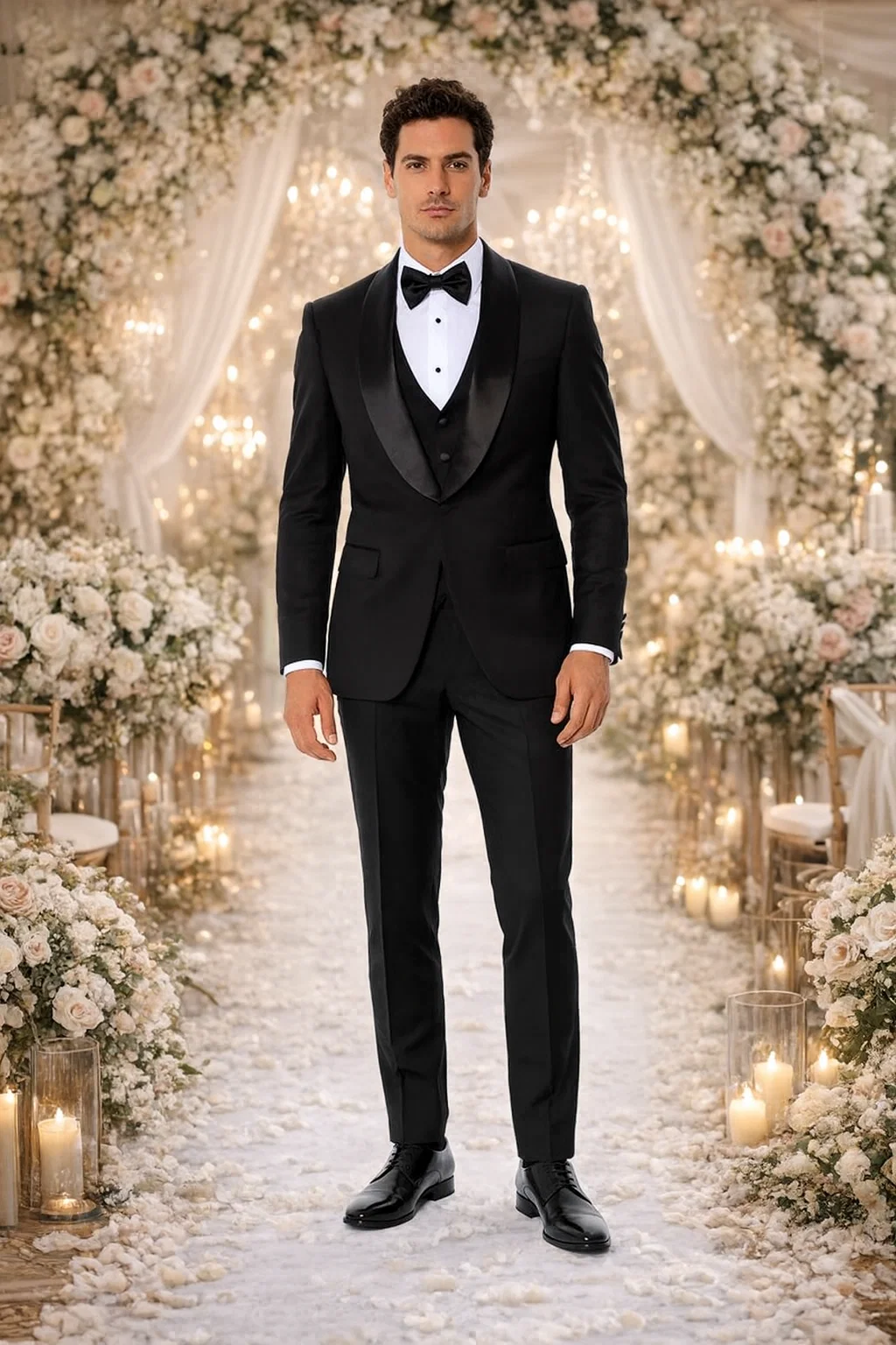 Black Slim Fit Tuxedo with Large Shawl Lapel – 3 Piece Wedding & Prom Set