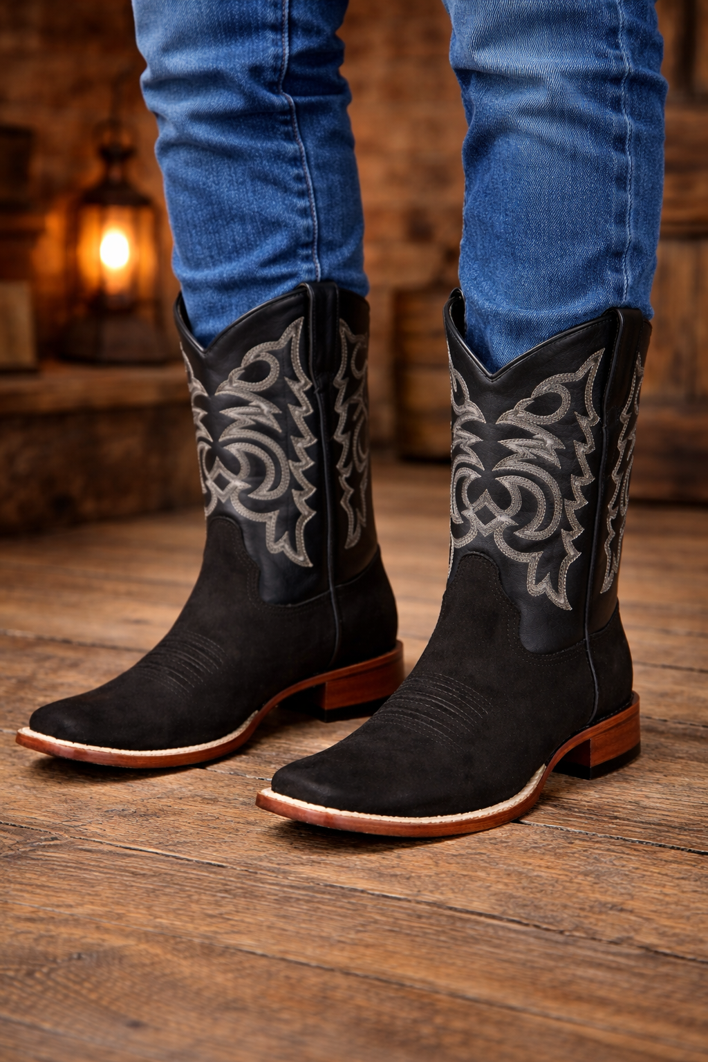 Black Suede Square Toe Western Boots