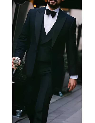 Black Super 150s Wool Tuxedo With Double Breasted Vest Flat Front Pants 1 Button Style