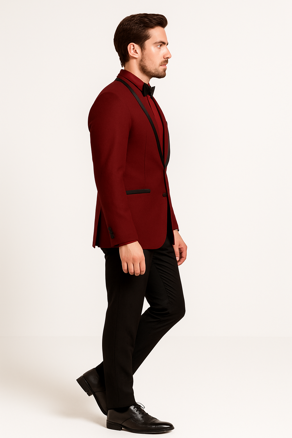Prom ~ Wedding Tuxedo Dinner Jacket Burgundy and Black Trim