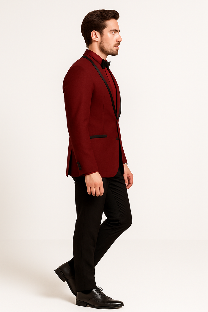 Prom ~ Wedding Tuxedo Dinner Jacket Burgundy and Black Trim