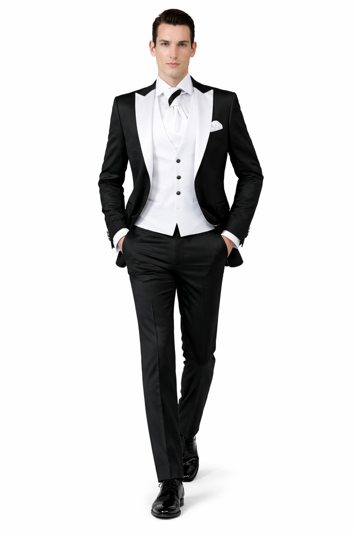 Men's Black and White Lapel Peak Lapel Vested 3 Piece 1 Button Tuxedo With White Lapel Suit with white vest or black vest